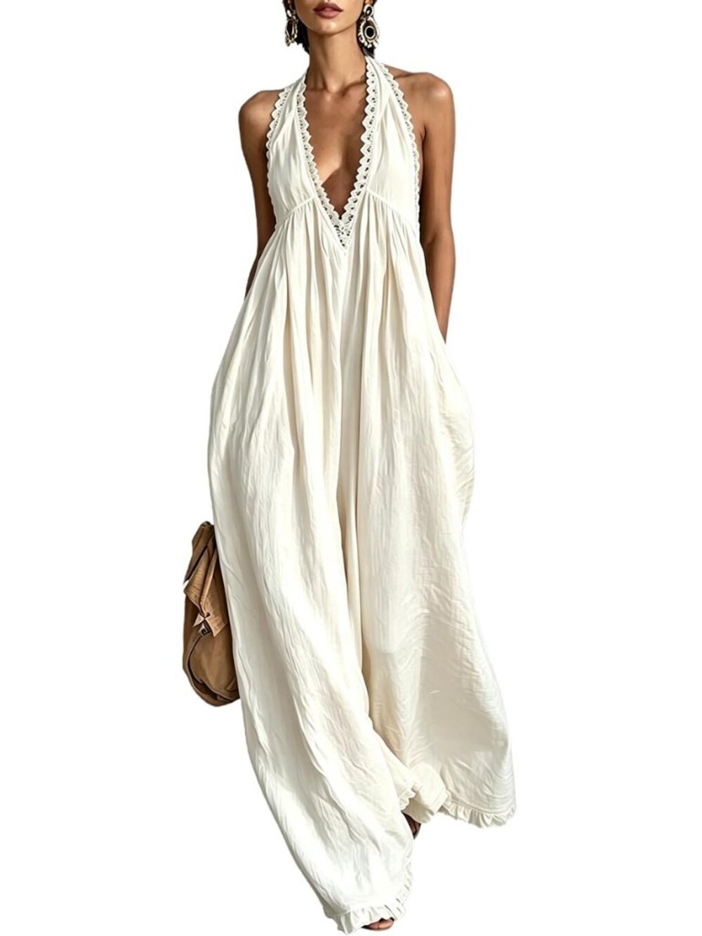 Jumpsuits for Women Casual Halter V Neck Sleeveless Lace Trim Wide Leg Loose One